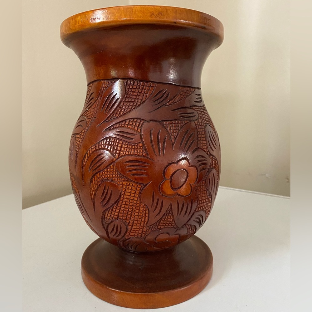 Mahogany hand turned wooden vase.